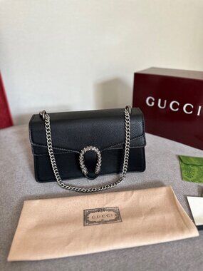 Black Dionysus Style Small Chain Bag Textured Leather Silver Hardware